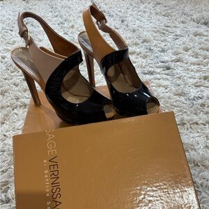 Black and Tan Peep-Toe Heels